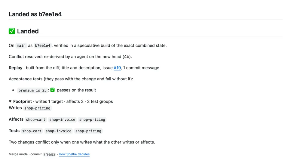 A Sheltie report for a pull request that landed after an agent re-derived it on the new head, with its acceptance tests and footprint