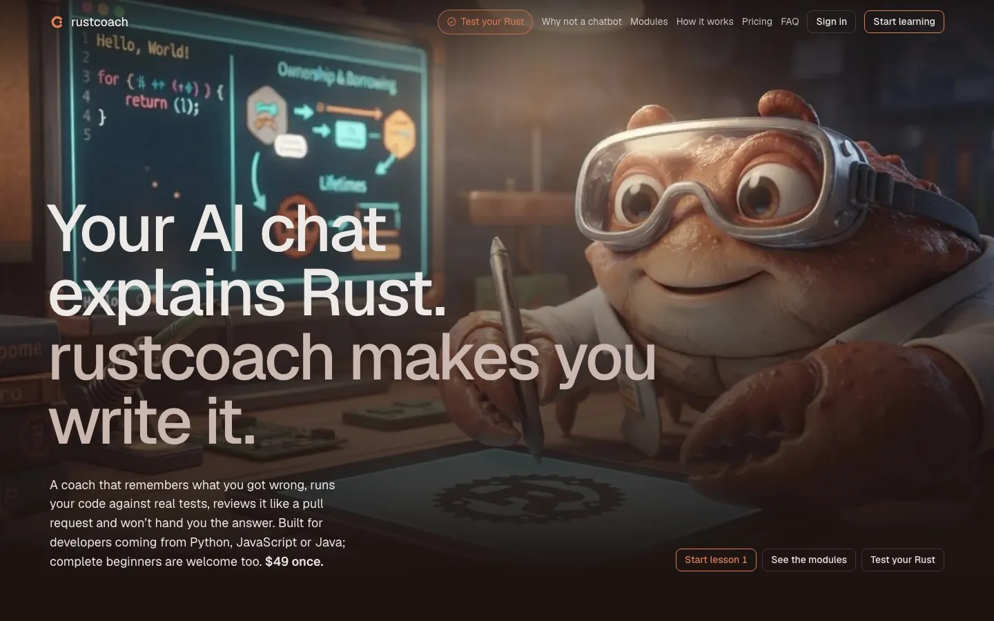 The rustcoach.dev home page: “Your AI chat explains Rust. rustcoach makes you write it.”