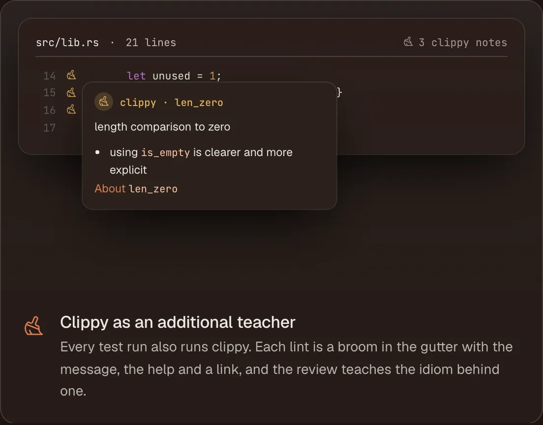 A Clippy len_zero lint shown in the editor gutter with its message, help and a link