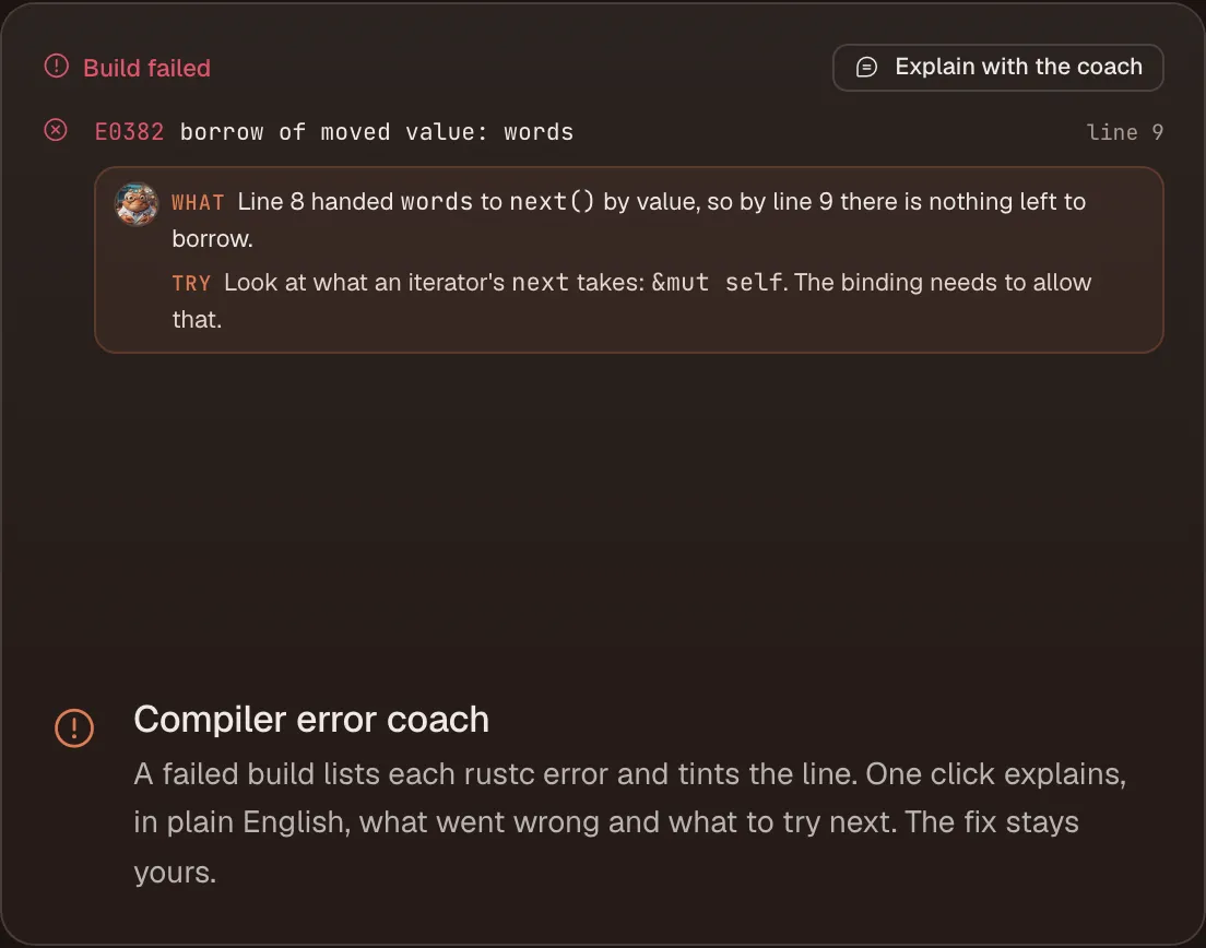 Rustcoach compiler error coach: a failed build lists rustc error E0382 with a plain-English explanation from the coach
