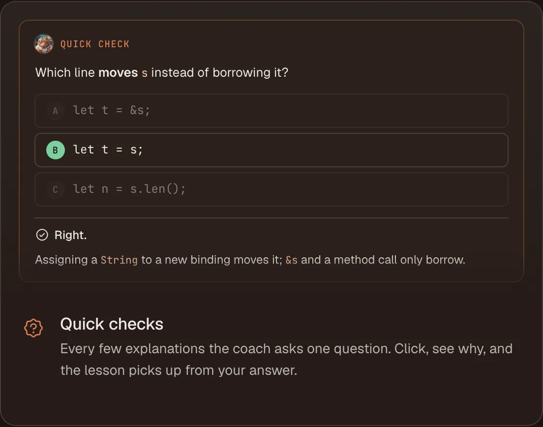 A Rustcoach quick check asking which line moves a String instead of borrowing it
