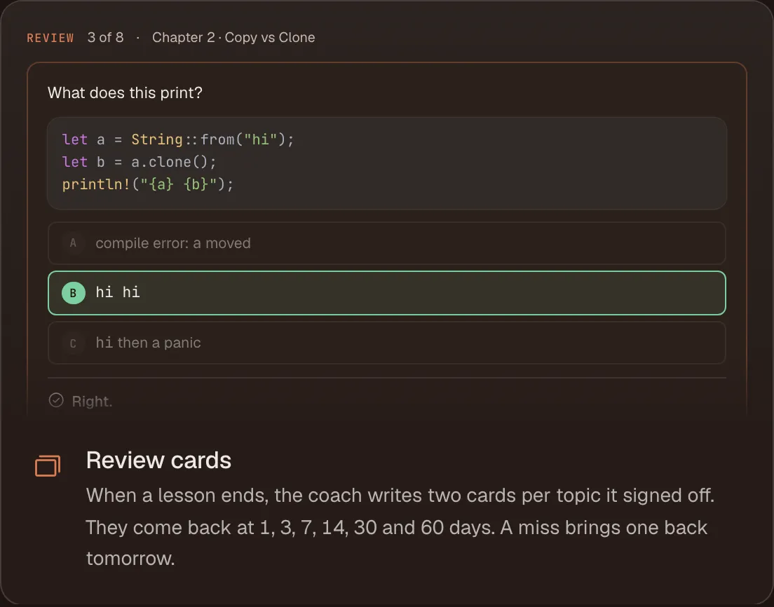 A Rustcoach review card asking what a String clone example prints, with the right answer highlighted