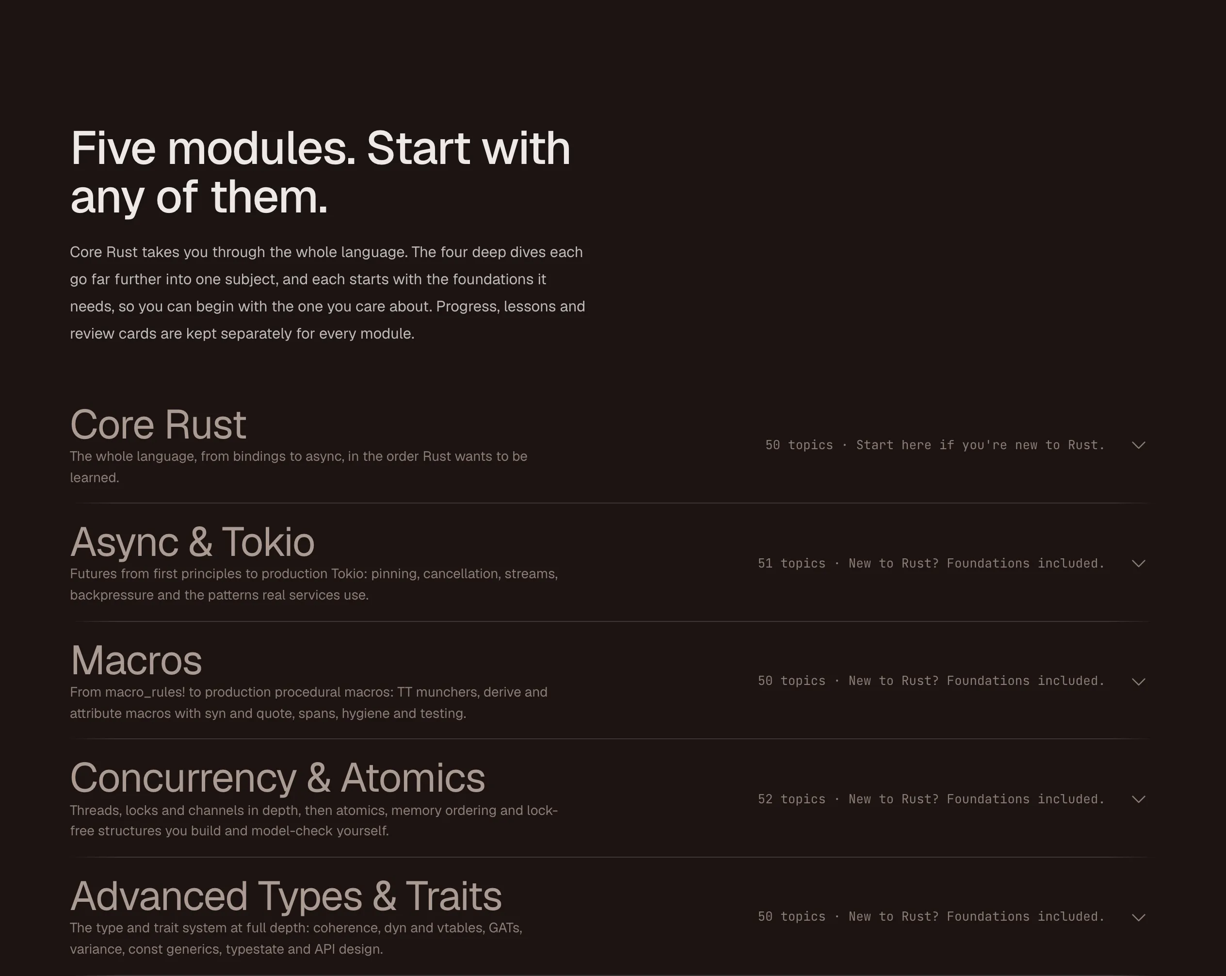 The Rustcoach module list: Core Rust, Async & Tokio, Macros, Concurrency & Atomics, Advanced Types & Traits