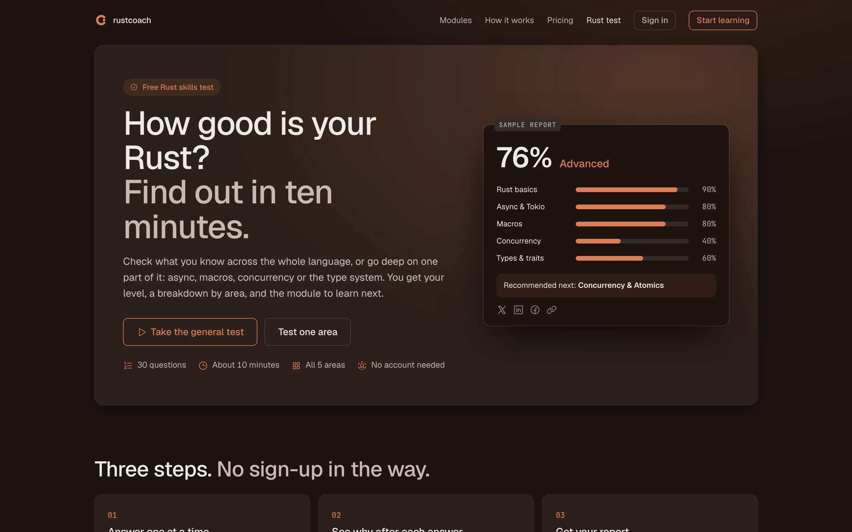The Rustcoach skills test landing page with a sample report broken down by area