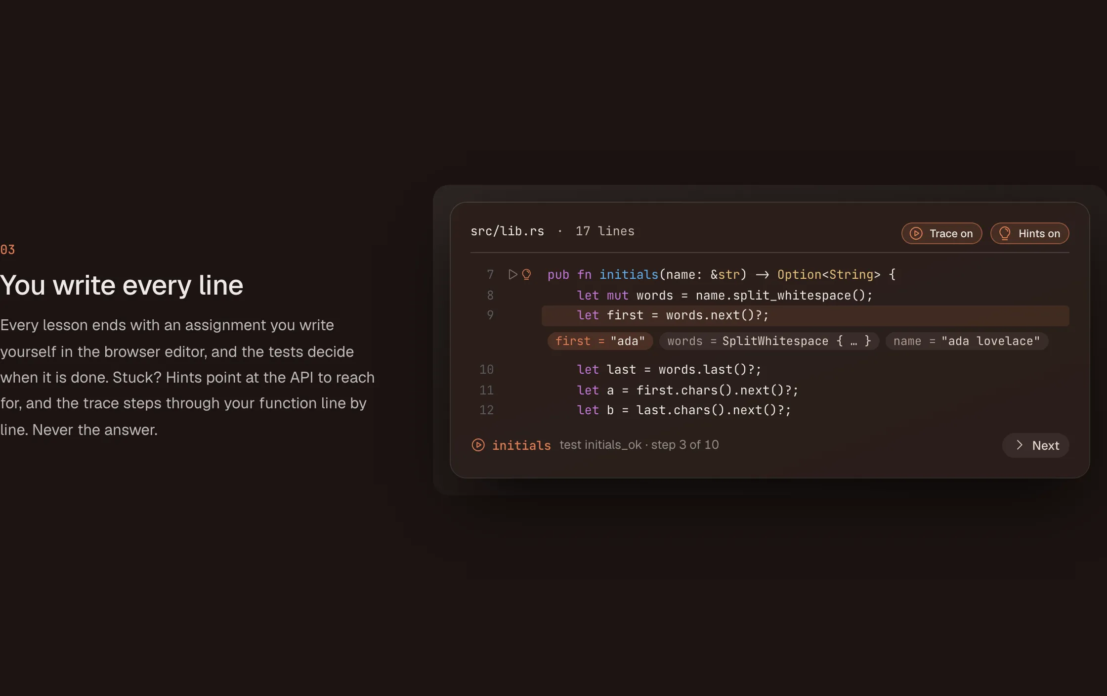 The Rustcoach editor with an assignment, its tests and a step-by-step trace